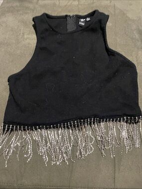 Mudd Black Crop Top with Silver Beaded Fringe